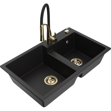 Mexen Tomas 2-Kammer-Granitsküchenbecken mit Küchenarmatur Aster, schwarz - 6516-77-73450-57-G
