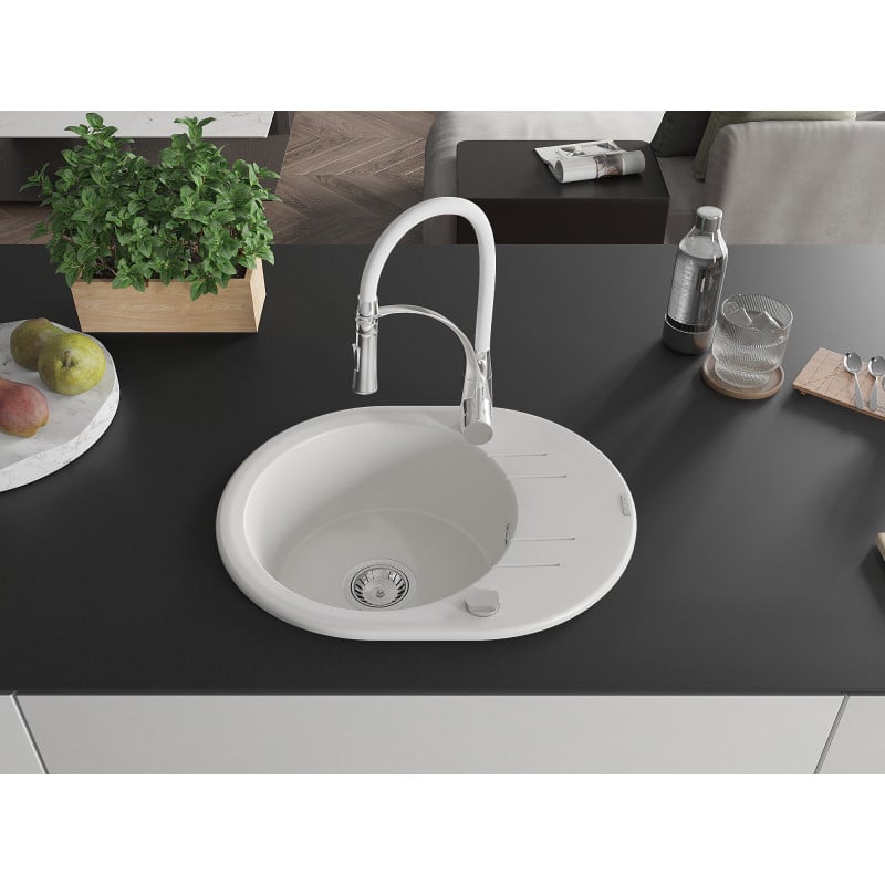 Mexen Kevin Granitspüle 1-Becken mit Abtropffläche und Küchenarmatur Aster, weiß - 6517-20-73450-02
