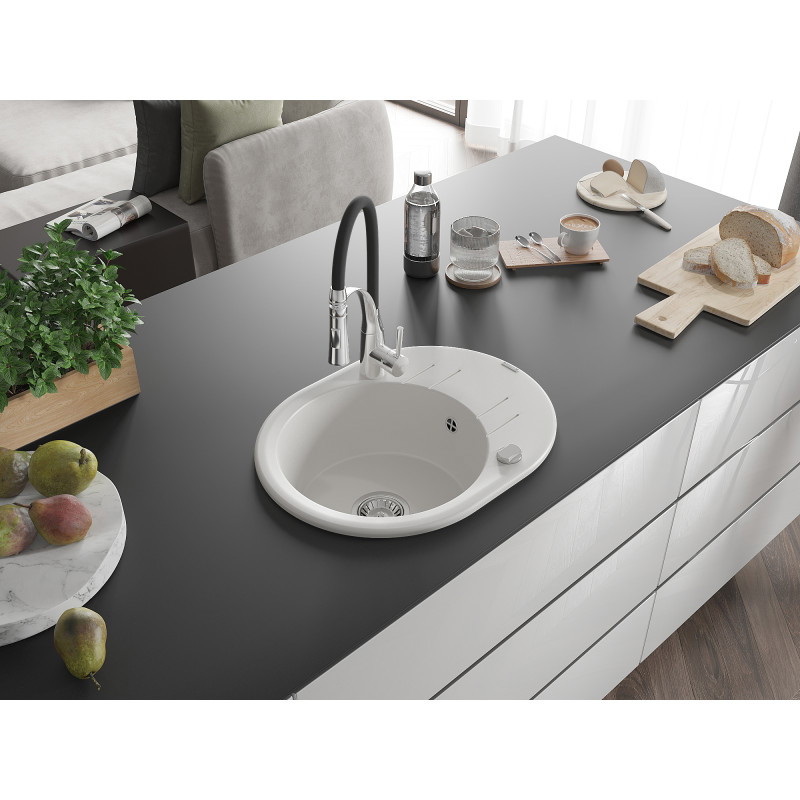 Mexen Kevin Granitspüle 1-Becken mit Abtropffläche und Küchenarmatur Aster, weiß - 6517-20-73450-07
