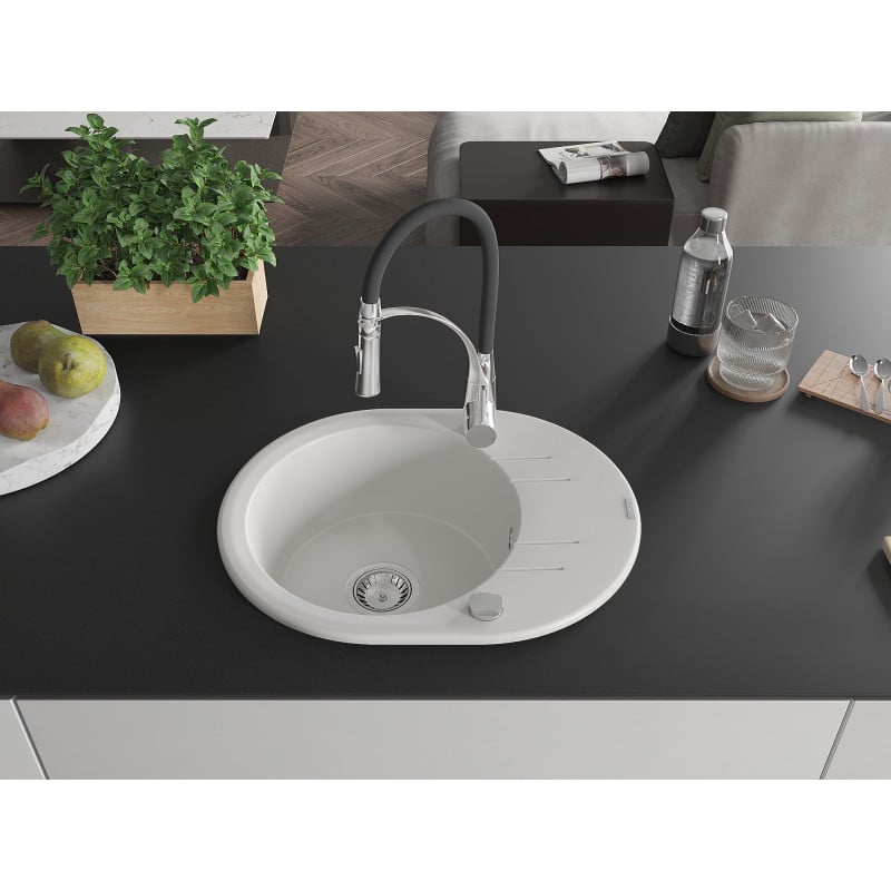 Mexen Kevin Granitspüle 1-Becken mit Abtropffläche und Küchenarmatur Aster, weiß - 6517-20-73450-07