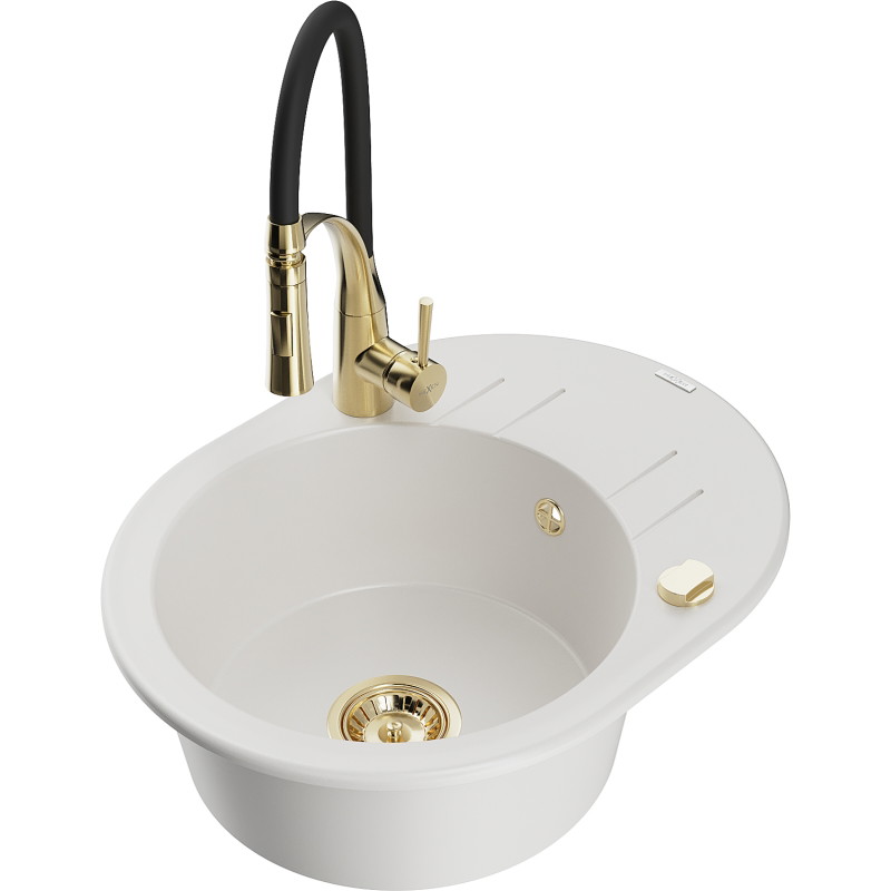 Mexen Kevin Granitspüle 1-becken mit Abtropffläche und Küchenarmatur Aster, weiß - 6517-20-73450-57-G
