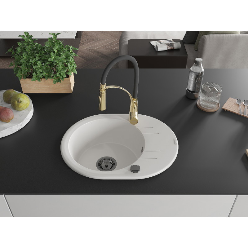 Mexen Kevin 1-becken Granit-Spüle mit Abtropffläche und Küchenarmatur Aster, weiß - 6517-20-73450-57-B