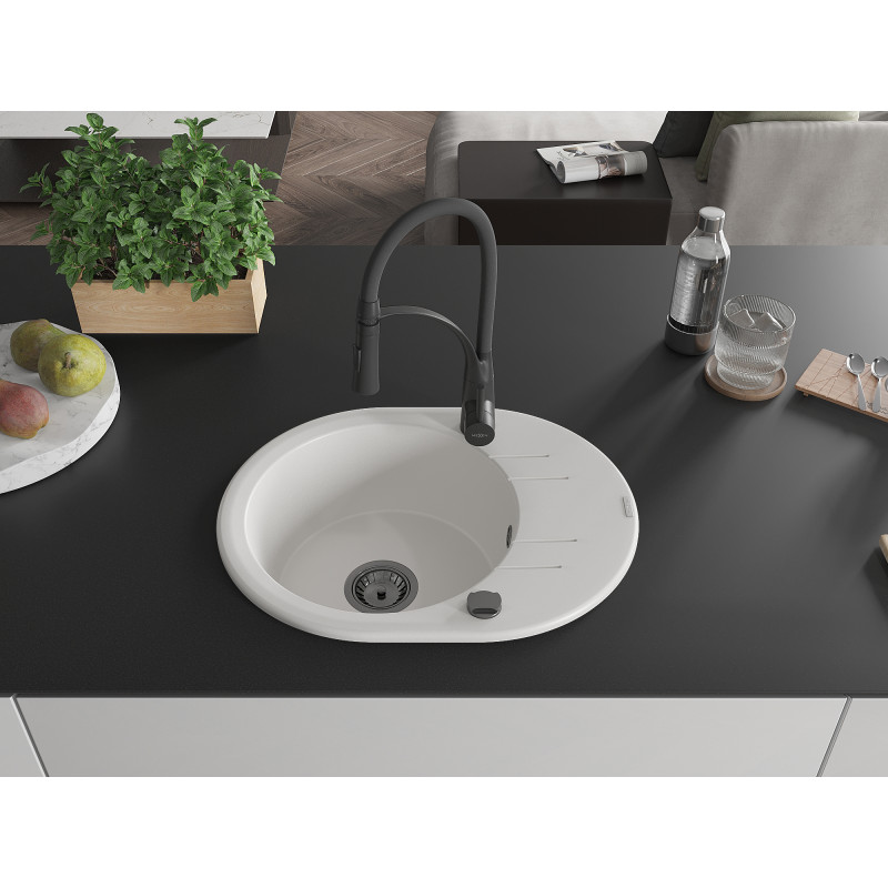 Mexen Kevin granitspüle 1-becken mit Abtropffläche und Küchenarmatur Aster, weiß - 6517-20-73450-70-B