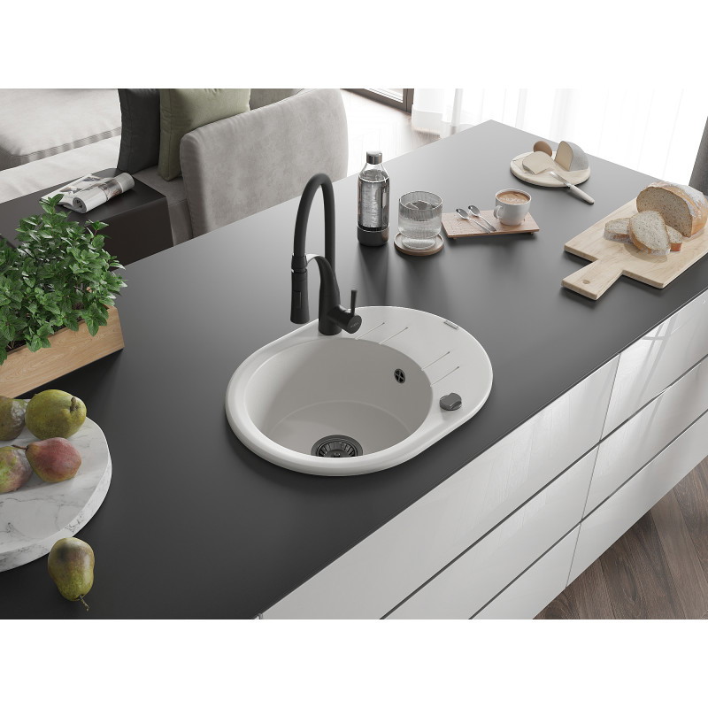 Mexen Kevin granitspüle 1-becken mit Abtropffläche und Küchenarmatur Aster, weiß - 6517-20-73450-70-B