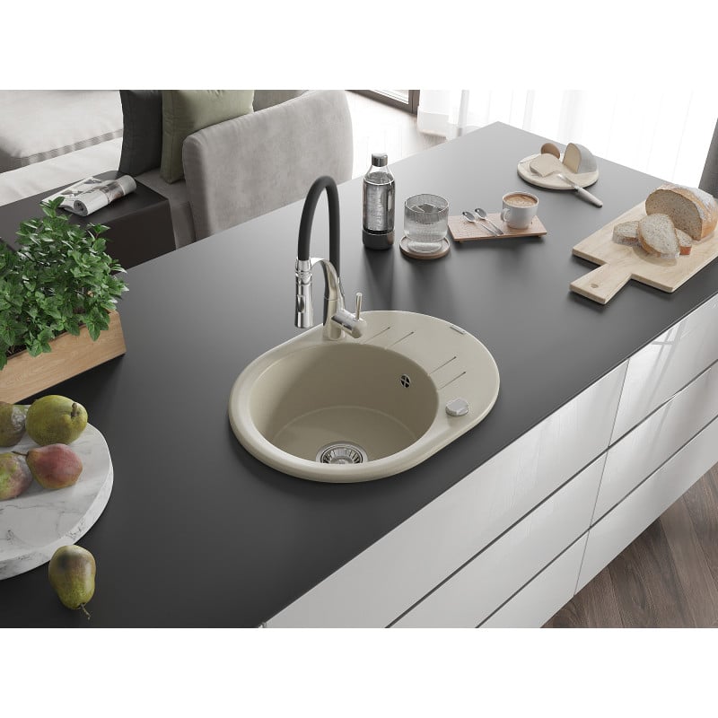 Mexen Kevin Granitspüle 1-Becken mit Abtropffläche und Küchenarmatur Aster, beige - 6517-69-73450-07