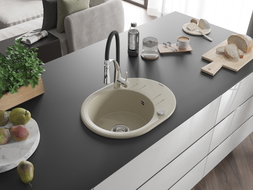 Mexen Kevin Granitspüle 1-Becken mit Abtropffläche und Küchenarmatur Aster, beige - 6517-69-73450-07