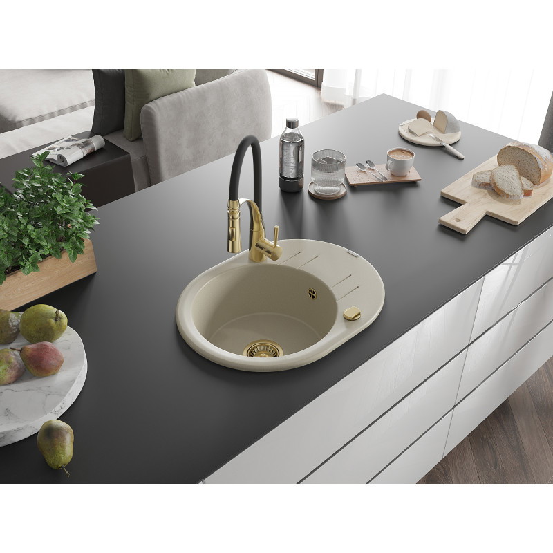 Mexen Kevin Granitspüle 1-beckig mit Abtropffläche und Küchenarmatur Aster, beige - 6517-69-73450-57-G