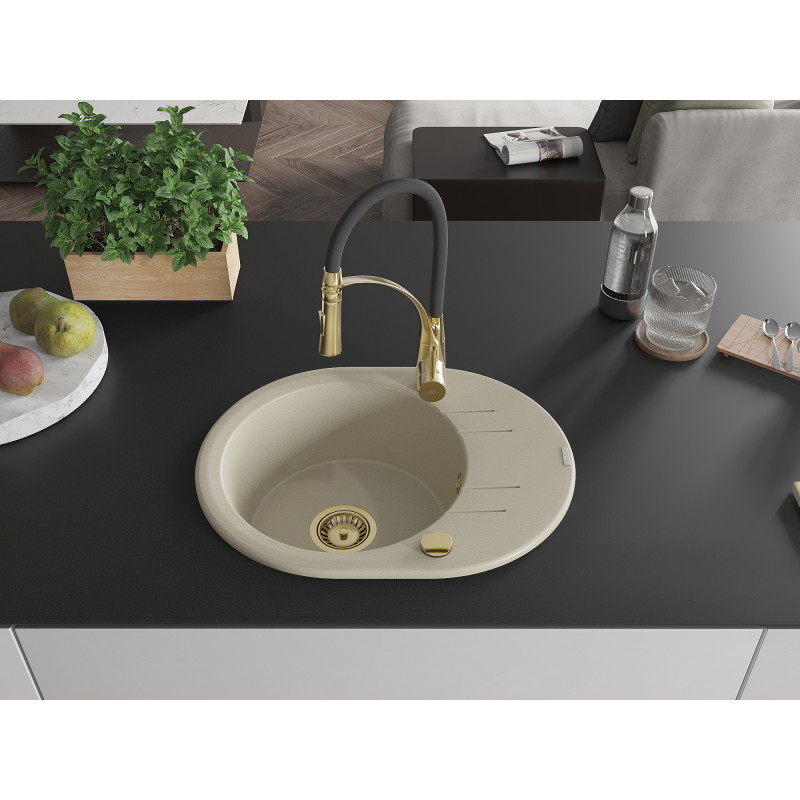 Mexen Kevin Granitspüle 1-beckig mit Abtropffläche und Küchenarmatur Aster, beige - 6517-69-73450-57-G