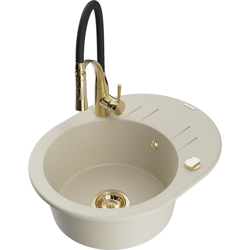 Mexen Kevin Granitspüle 1-beckig mit Abtropffläche und Küchenarmatur Aster, beige - 6517-69-73450-57-G