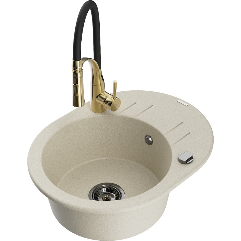 Mexen Kevin granitspüle 1-becken mit abtropffläche und küchenarmatur Aster, beige - 6517-69-73450-57-B