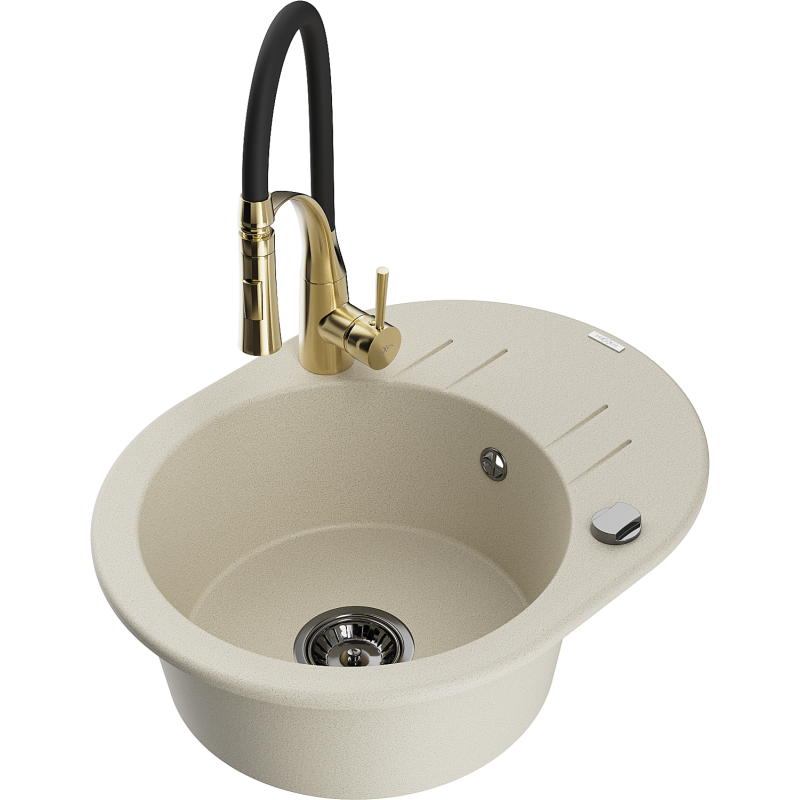 Mexen Kevin Granitspüle 1-beckig mit Abtropffläche und Küchenarmatur Aster, beige - 6517-69-73450-57-B