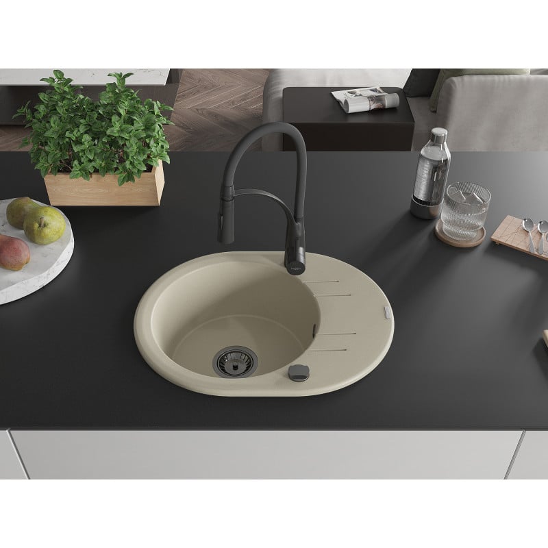 Mexen Kevin Granitspüle ein Becken mit Abtropffläche und Küchenarmatur Aster, Beige - 6517-69-73450-70-B