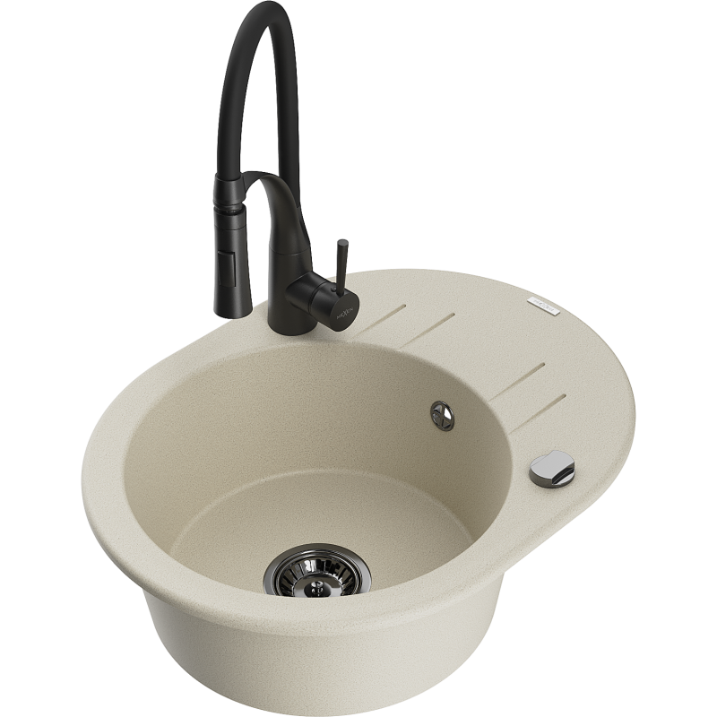 Mexen Kevin Granitspüle ein Becken mit Abtropffläche und Küchenarmatur Aster, Beige - 6517-69-73450-70-B