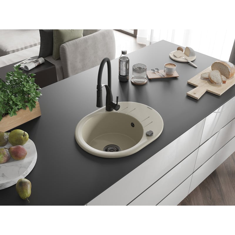 Mexen Kevin Granitspüle ein Becken mit Abtropffläche und Küchenarmatur Aster, Beige - 6517-69-73450-70-B