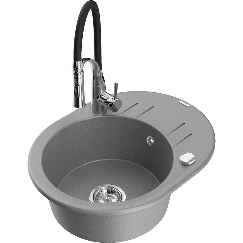 Mexen Kevin Granitspüle 1-becken mit Abtropffläche und Küchenarmatur Aster, grau - 6517-71-73450-07