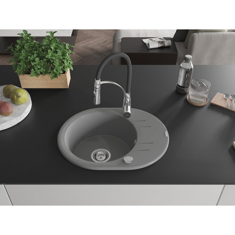 Mexen Kevin Granitspüle 1-becken mit Abtropffläche und Küchenarmatur Aster, grau - 6517-71-73450-07