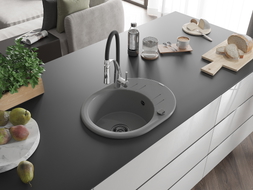 Mexen Kevin Granitspüle 1-Becken mit Abtropffläche und Küchenarmatur Aster, grau - 6517-71-73450-07-B