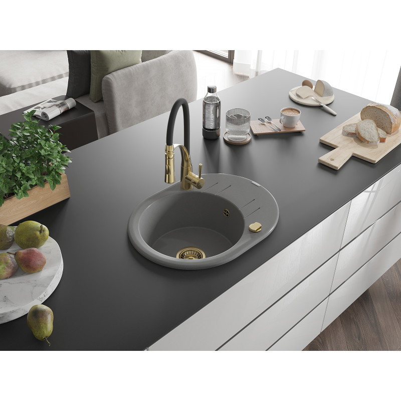 Mexen Kevin Granitspüle 1-becken mit Abtropffläche und Küchenarmatur Aster, grau - 6517-71-73450-57-G