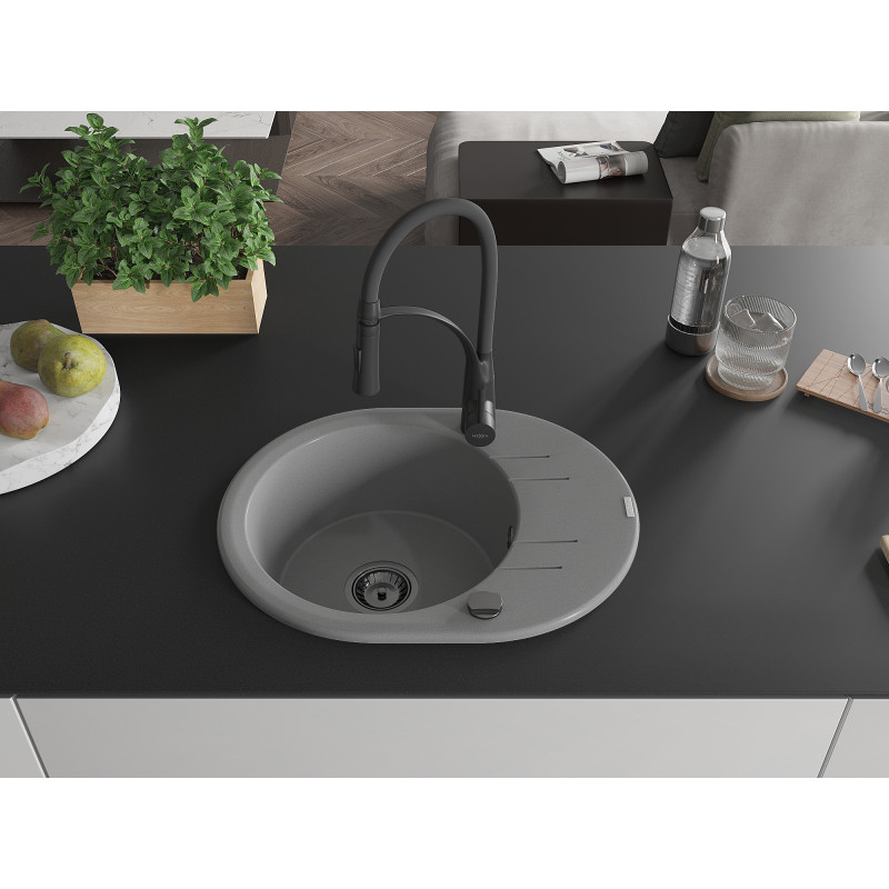 Mexen Kevin Granitspüle 1-Becken mit Abtropffläche und Küchenarmatur Aster, grau - 6517-71-73450-70-B