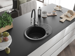 Mexen Kevin Granitspüle 1-beckig mit Abtropffläche und Küchenarmatur Aster, schwarz/silber metallic - 6517-73-73450-07-B