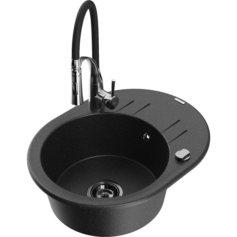 Mexen Kevin Granitspüle 1-becken mit Abtropffläche und Küchenarmatur Aster, schwarz/silber metallic - 6517-73-73450-07-B