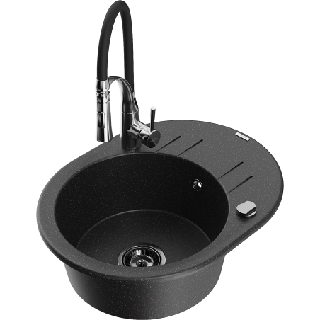 Mexen Kevin Granitspüle 1-becken mit Abtropffläche und Küchenarmatur Aster, schwarz/silber metallic - 6517-73-73450-07-B