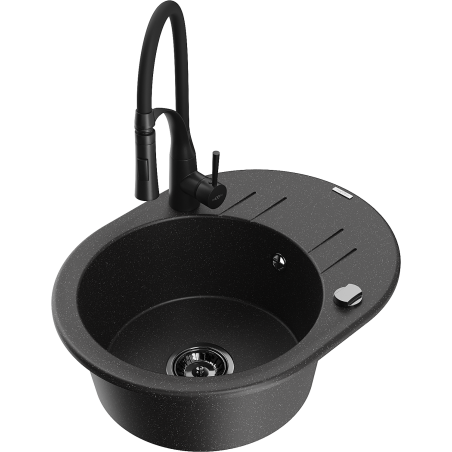 Mexen Kevin granitspüle 1-becken mit abtropffläche und küchenarmatur Aster, schwarz/silber metallic - 6517-73-73450-70-B