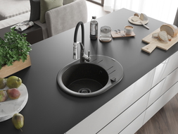 Mexen Kevin Granitspüle mit 1 Becken, Abtropffläche und Küchenarmatur Aster, schwarz/goldenes Metallic - 6517-75-73450-07-B