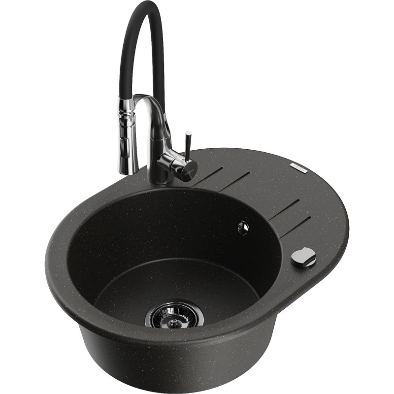 Mexen Kevin 1-becken Granitspüle mit Abtropffläche und Küchenarmatur Aster, schwarz/gold metallisch - 6517-75-73450-07-B