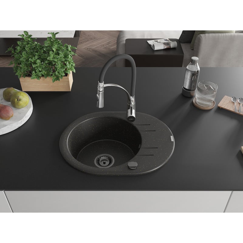 Mexen Kevin Granitspüle mit 1 Becken, Abtropffläche und Küchenarmatur Aster, schwarz/goldenes Metallic - 6517-75-73450-07-B