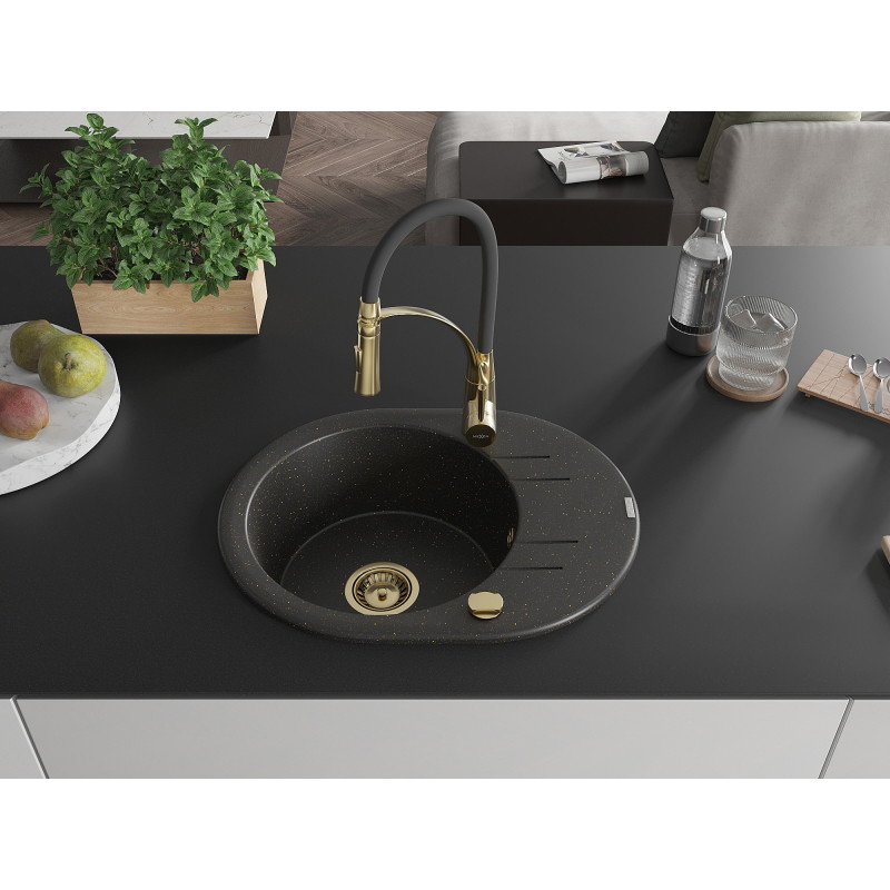 Mexen Kevin 1-Kammer-Granitsapüle mit Abtropffläche und Küchenarmatur Aster, schwarz/gold metallic - 6517-75-73450-57-G