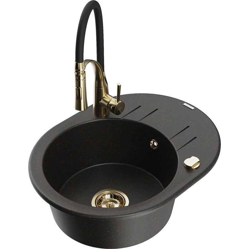 Mexen Kevin Granitspüle 1-beckig mit Abtropffläche und Küchenarmatur Aster, schwarz/gold metallic - 6517-75-73450-57-G