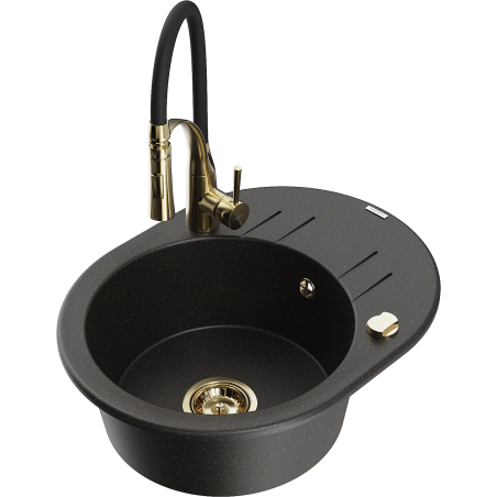 Mexen Kevin 1-Kammer-Granitsapüle mit Abtropffläche und Küchenarmatur Aster, schwarz/gold metallic - 6517-75-73450-57-G
