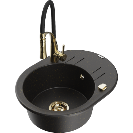 Mexen Kevin Granitspüle 1-beckig mit Abtropffläche und Küchenarmatur Aster, schwarz/gold metallic - 6517-75-73450-57-G
