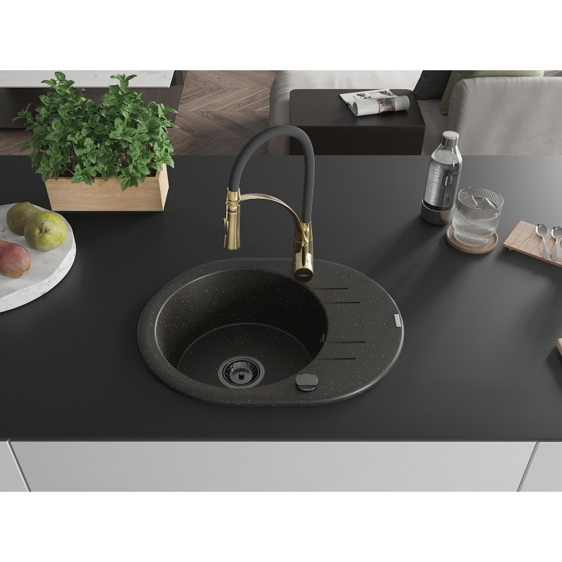 Mexen Kevin Granitspüle ein Becken mit Abtropffläche und Küchenarmatur Aster, schwarz/gold Metallic - 6517-75-73450-57-B