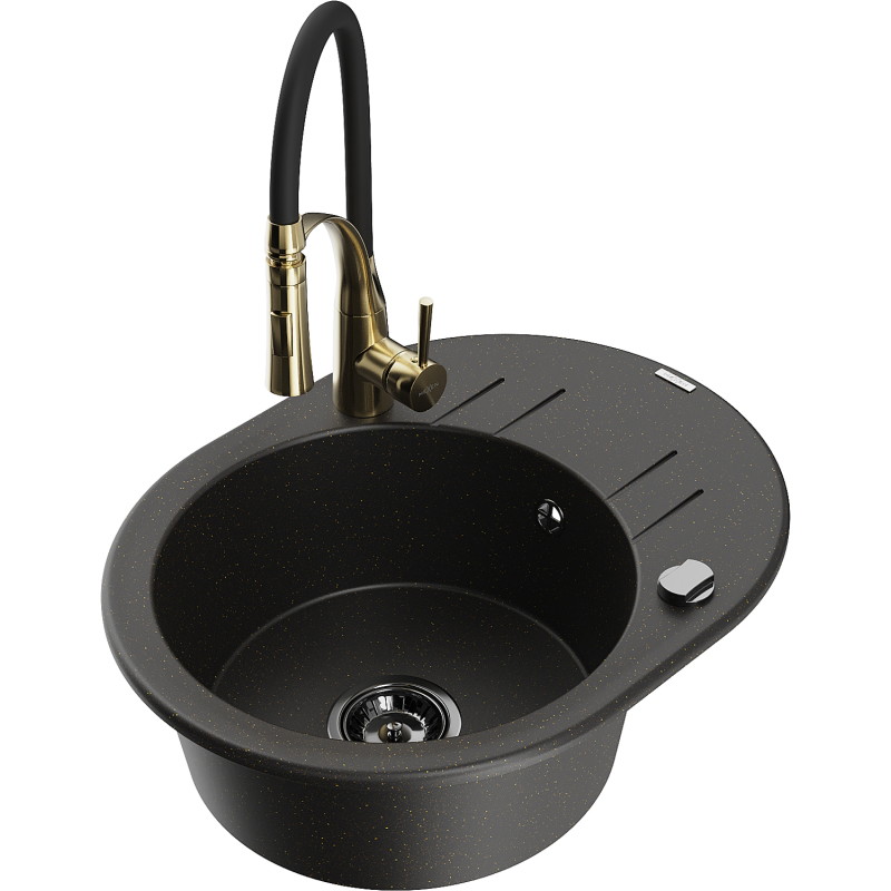 Mexen Kevin Granitspüle 1-beckig mit Abtropffläche und Küchenarmatur Aster, schwarz/gold metallic - 6517-75-73450-57-B