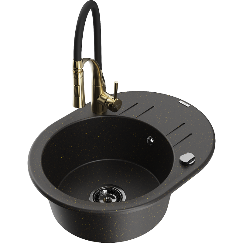 Mexen Kevin Granitspüle ein Becken mit Abtropffläche und Küchenarmatur Aster, schwarz/gold Metallic - 6517-75-73450-57-B