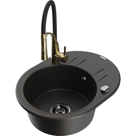 Mexen Kevin Granitspüle ein Becken mit Abtropffläche und Küchenarmatur Aster, schwarz/gold Metallic - 6517-75-73450-57-B