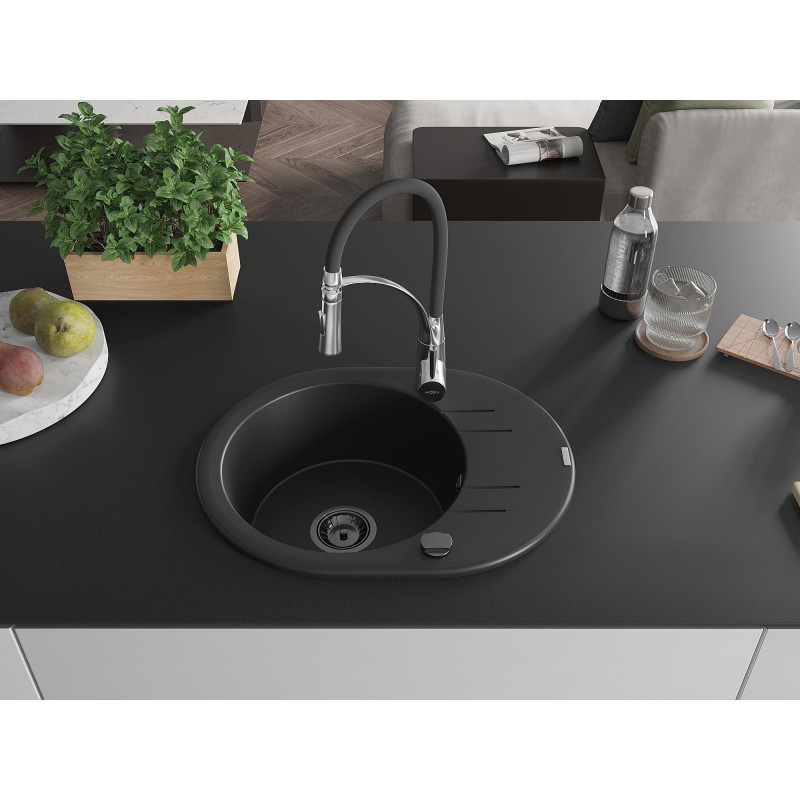 Mexen Kevin Granitspüle 1-Becken mit Abtropffläche und Küchenarmatur Aster, schwarz - 6517-77-73450-07-B