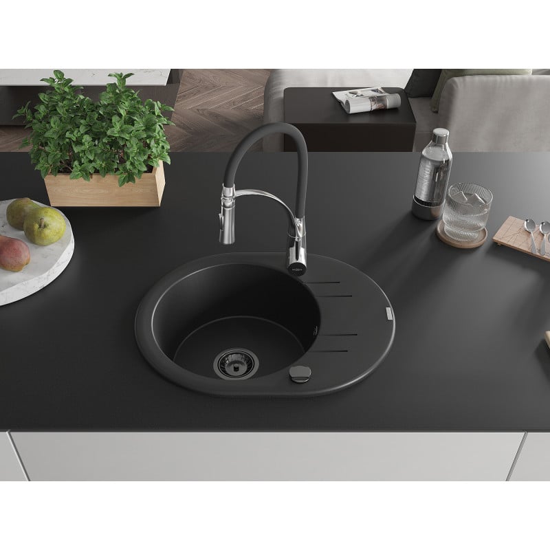 Mexen Kevin Granitspüle mit 1 Becken, Abtropffläche und Küchenarmatur Aster, schwarz - 6517-77-73450-07-B