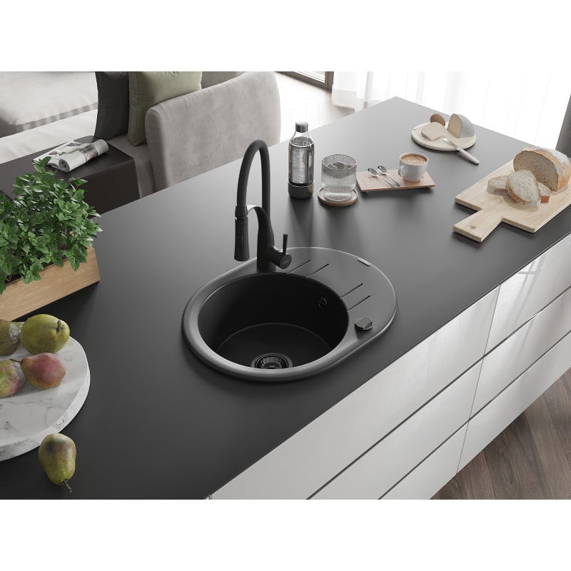 Mexen Kevin Granitspüle 1-beckig mit Abtropffläche und Küchenarmatur Aster, schwarz - 6517-77-73450-70-B