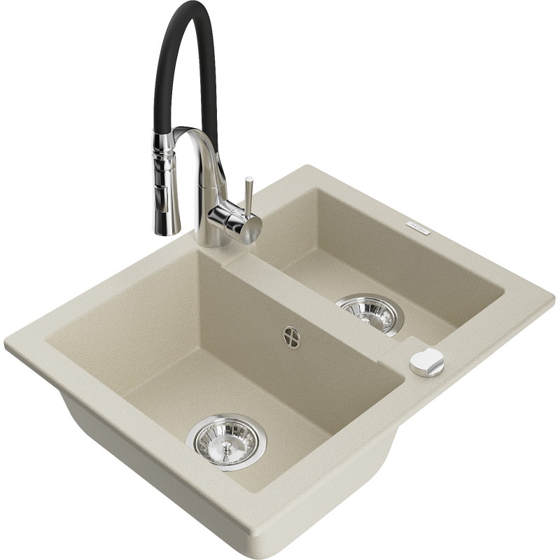 Mexen Carlos Granitspüle 1,5-Becken mit Küchenarmatur Aster, beige - 6518-69-73450-07