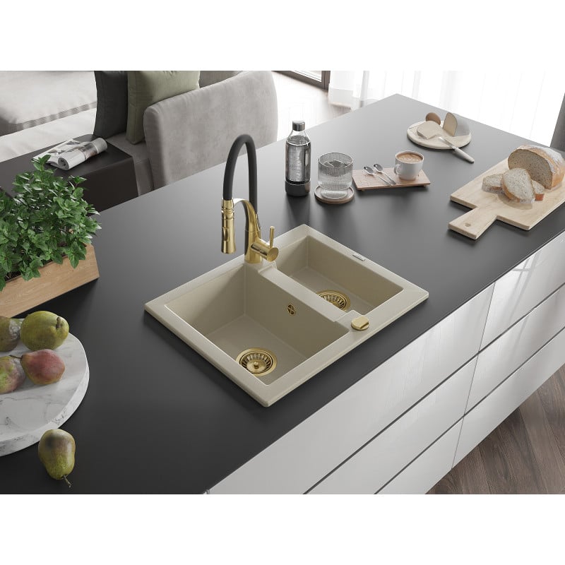 Mexen Carlos Granitspüle 1,5-Kammer mit Küchenarmatur Aster, beige - 6518-69-73450-57-G