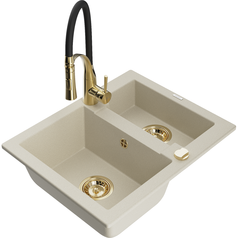 Mexen Carlos Granitspüle 1,5-Kammer mit Küchenarmatur Aster, beige - 6518-69-73450-57-G