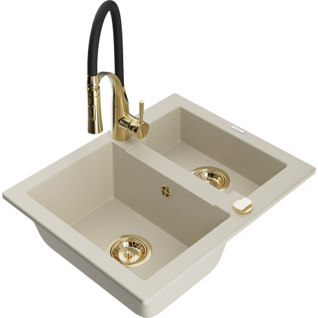 Mexen Carlos Granitspüle 1,5-Kammer mit Küchenarmatur Aster, beige - 6518-69-73450-57-G