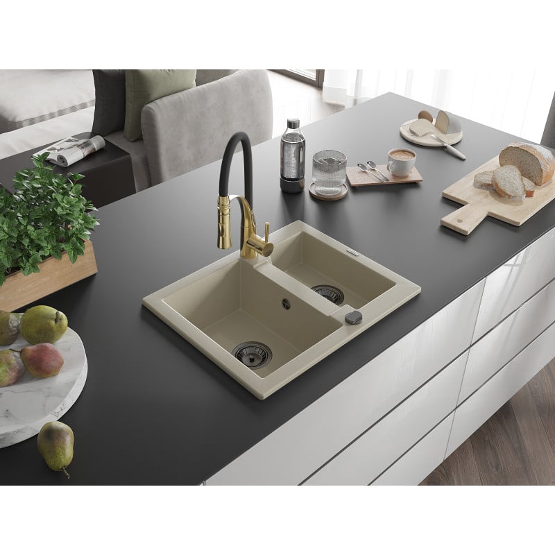 Mexen Carlos Granitspüle 1,5-Becken mit Küchenarmatur Aster, beige - 6518-69-73450-57-B