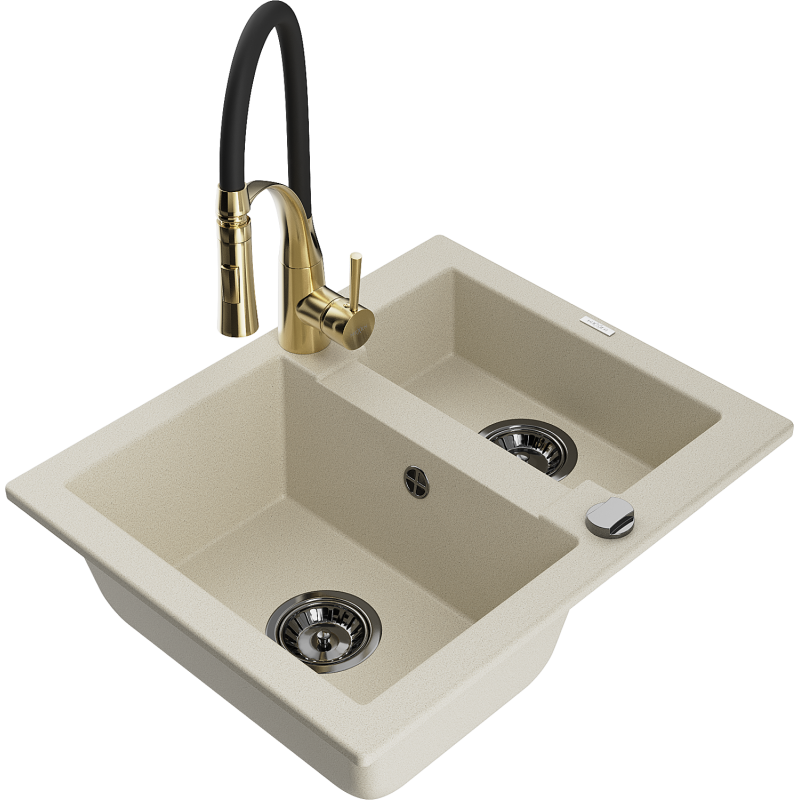 Mexen Carlos Granitspüle 1,5-Becken mit Küchenarmatur Aster, beige - 6518-69-73450-57-B