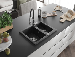 Mexen Carlos Granitspüle 1,5-Kammer mit Küchenarmatur Aster, schwarz/silberner Metallic - 6518-73-73450-07
