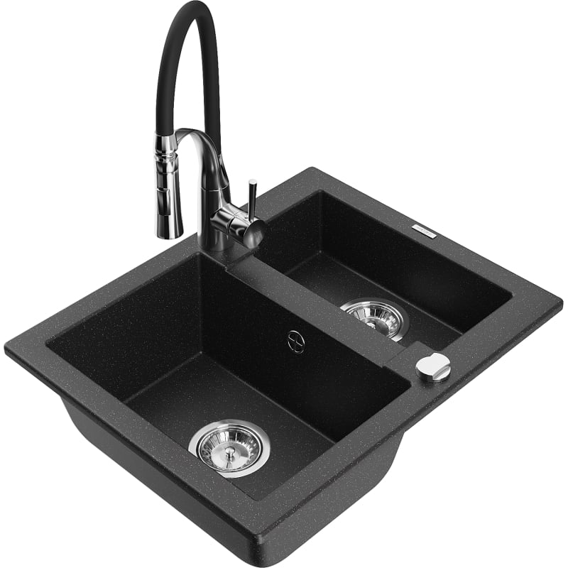 Mexen Carlos Granitspüle 1,5-beckig mit Küchenarmatur Aster, schwarz/silber metallic - 6518-73-73450-07
