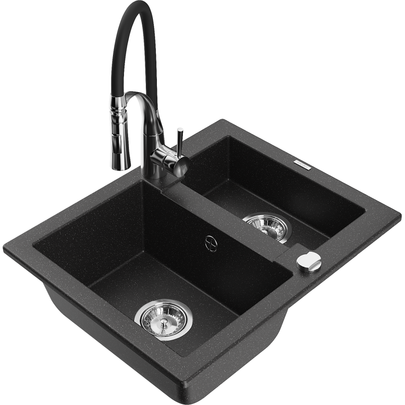 Mexen Carlos Granitspüle 1,5-Kammer mit Küchenarmatur Aster, schwarz/silberner Metallic - 6518-73-73450-07
